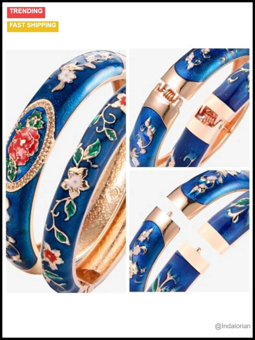 Set of 2 Cloisonne Enamel Bangle Bracelets, Handcrafted Alloy, Spring Hinge